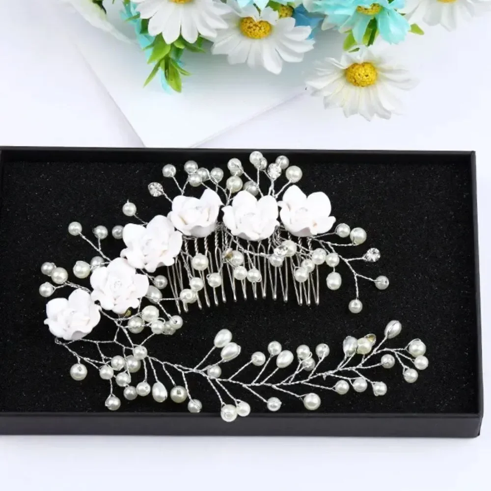 Wedding Bridal Hair Comb Hair Vine Flowers Pearls